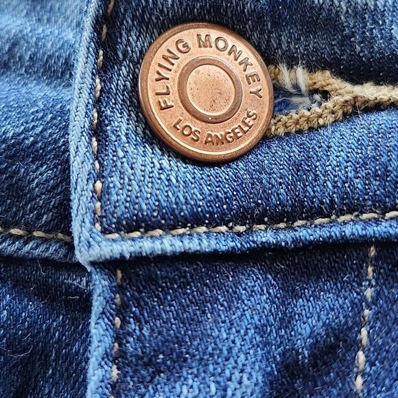 Flying Monkey Dark Wash Distressed High Rise Split Flare Leg Jeans, 28 - Picture 5 of 9